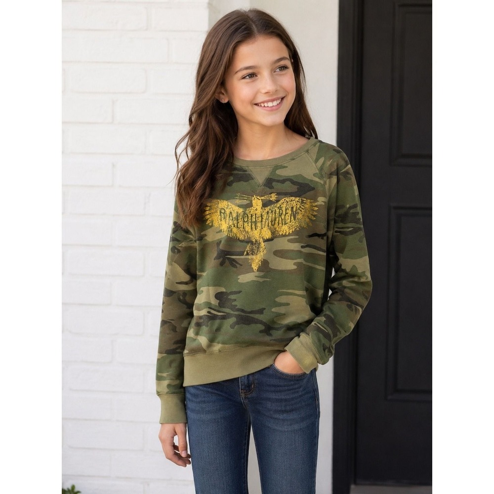 Vintage‎ Ralph Lauren Girls Camo Eagle Graphic Sweatshirt Size 12/14 Large